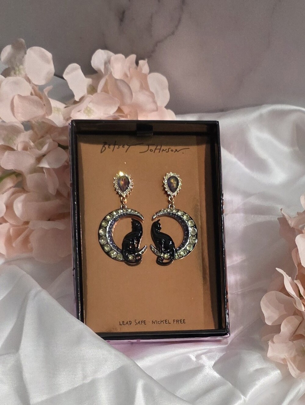 Betsey Johnson- Gold-Tone Crescent Earrings with Black Cat and Multicolor Stones